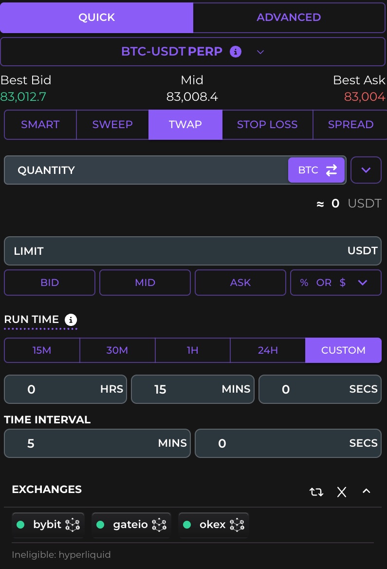 CoinRoutes quick ticket in TWAP mode: run time, time interval and eligible exchanges